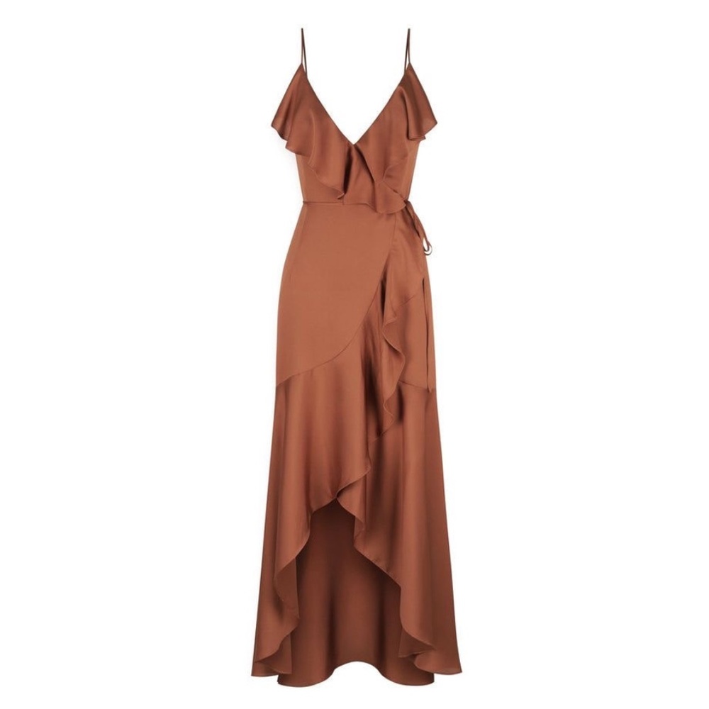 Shona Joy Luxe Bias Frill Spaghetti Strap Sleeveless Wrap Dress in Mocha